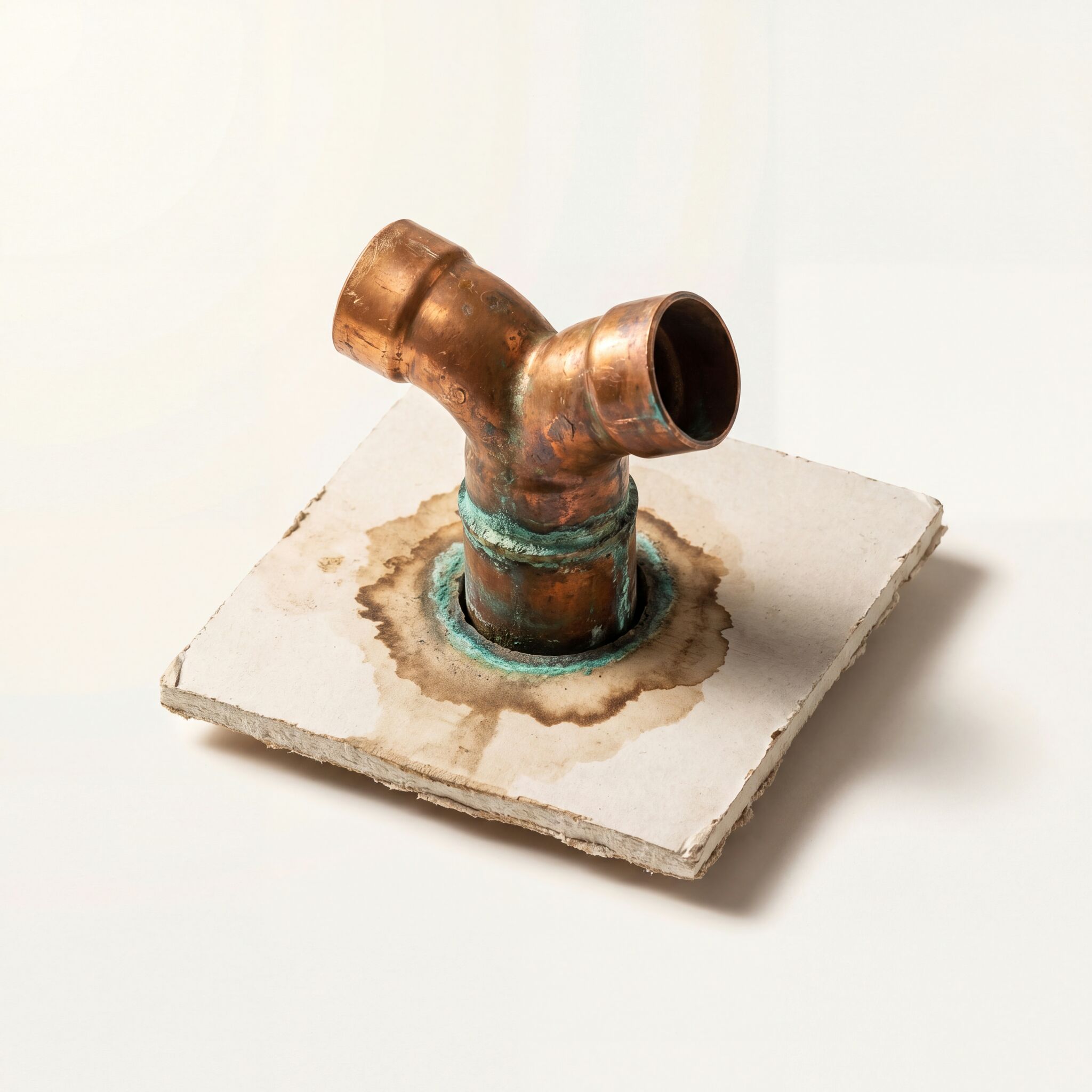 Weathered copper pipe joint emerging from a tile slab, green-blue patina ring at the base where moisture has bled out