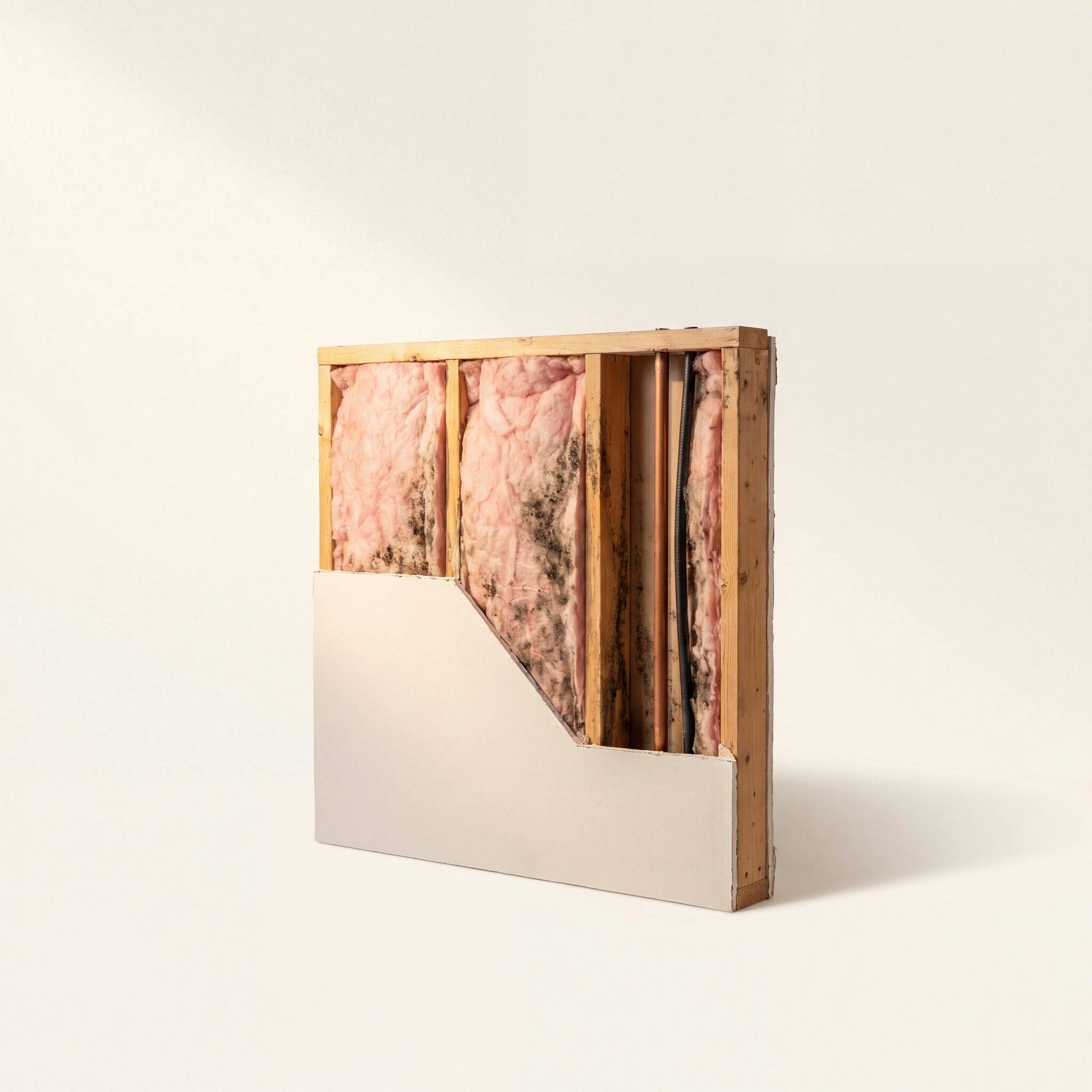 Cinematic cross-section cutaway of a residential wall cavity showing studs, pink insulation with mold growing on the back face, copper pipe and electrical conduit