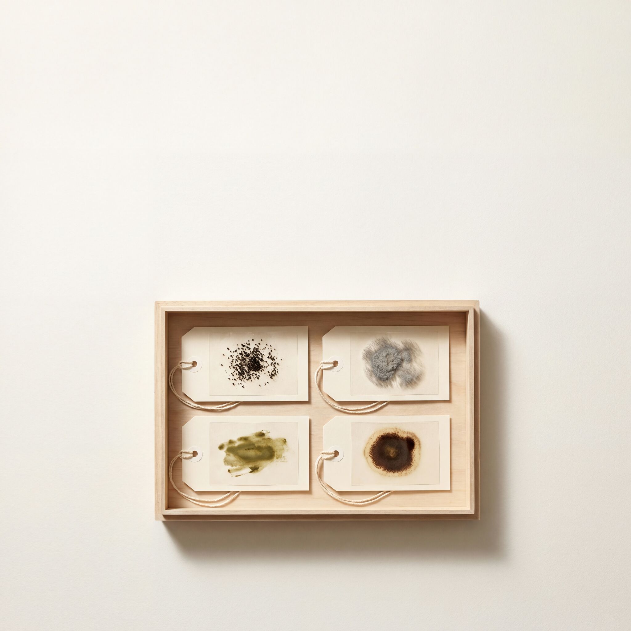 Wood specimen tray holding four cream paper inspector tags, each with a distinct dried mold pattern: speckled, fuzzy, smudged, halo-edged